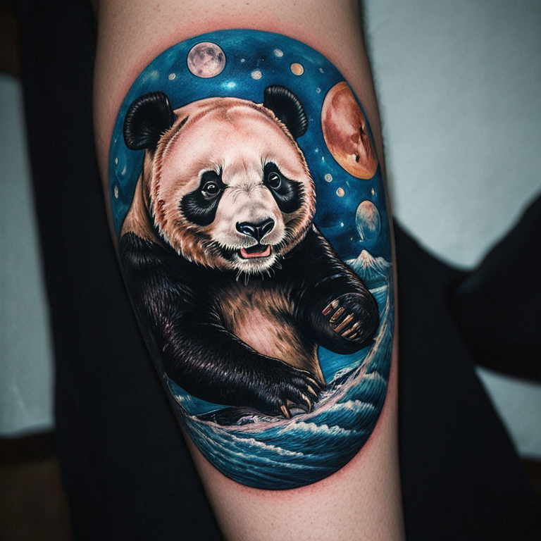 ballena buceando con un panda y una luna brillante-tattoo