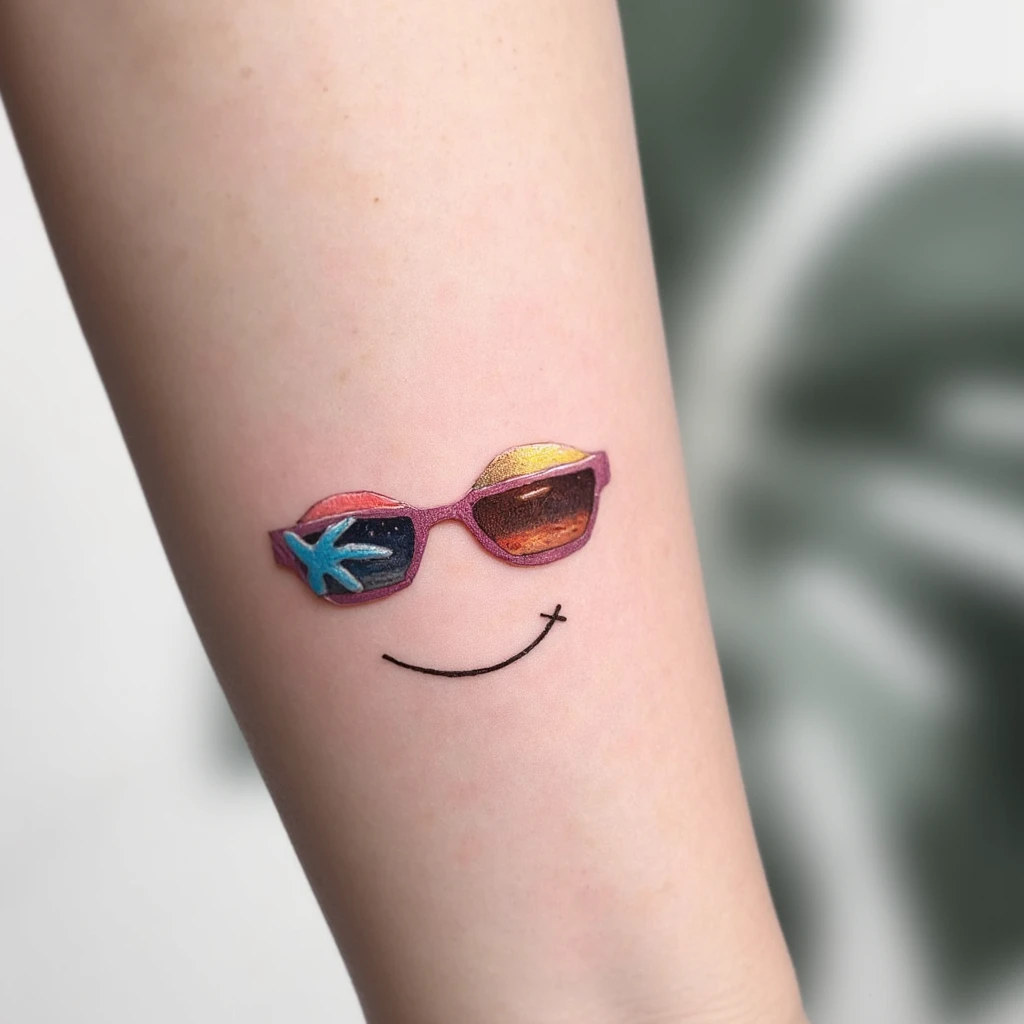 petite pieuvre en 2D type origami minimaliste avec lunette de soleil et grand sourire-tattoo