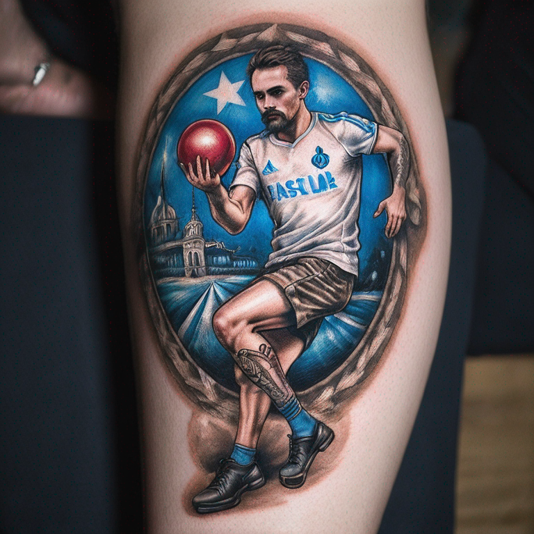 un tatouage qui combine l'olympique de Marseille et de la pétanque-tattoo