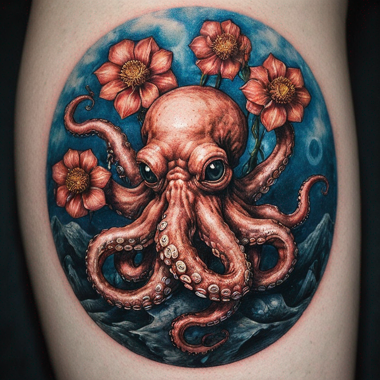 octopus holding flowers-tattoo