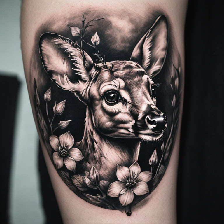 Bambi avec papillon noir et blanc-tattoo