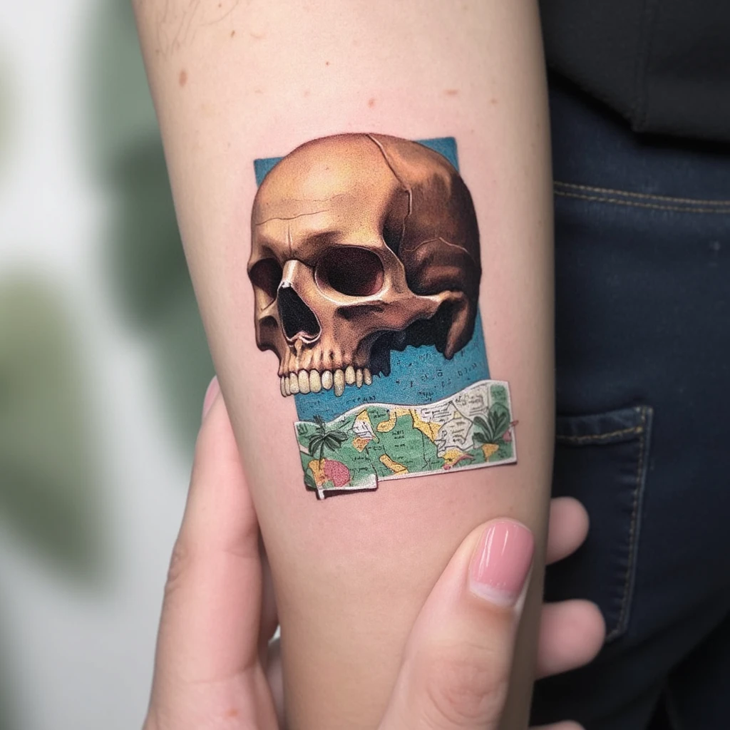 sablier avec tête de mort, le temps qui s'écoule ,le tout a l'intérieur d'une carte du Portugal incrusté sous la peau-tattoo