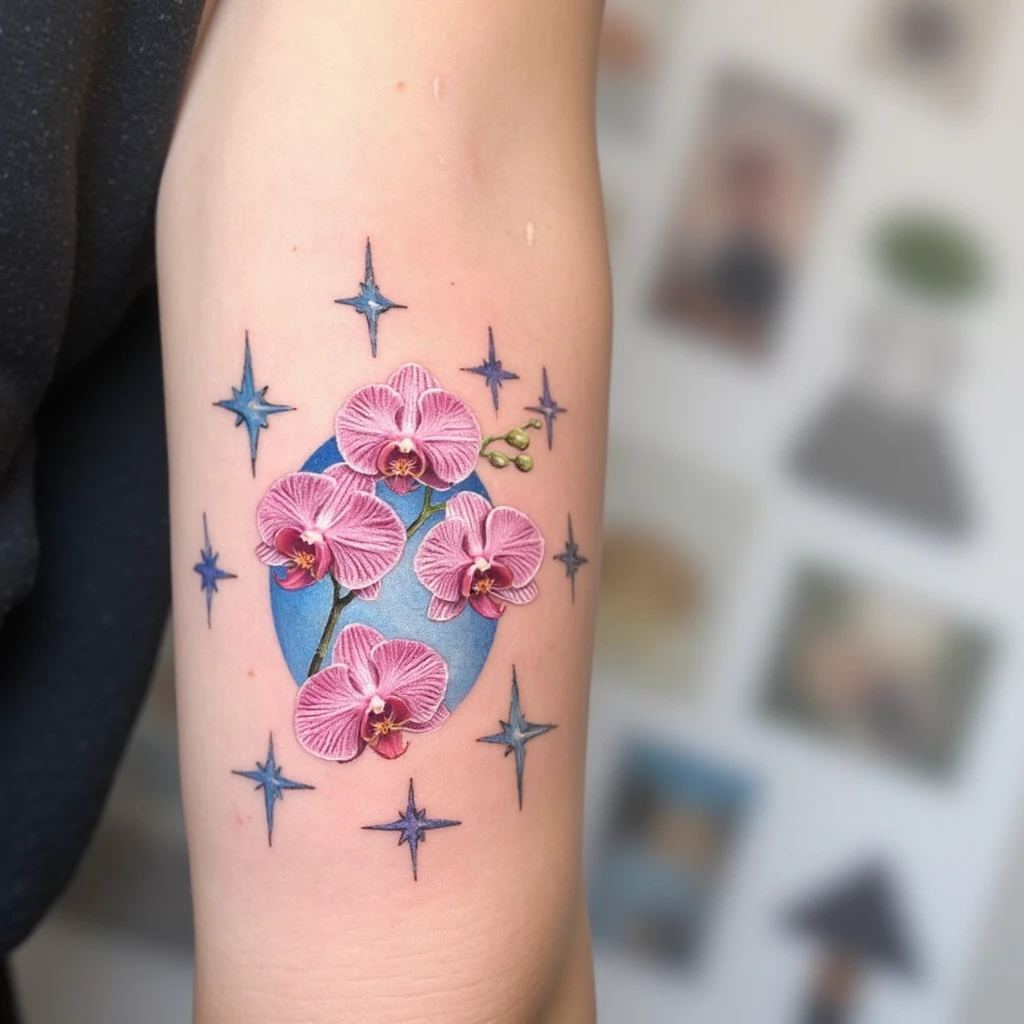 Melange de orchidee empreinte de patte de chien et 5 etoiles-tattoo