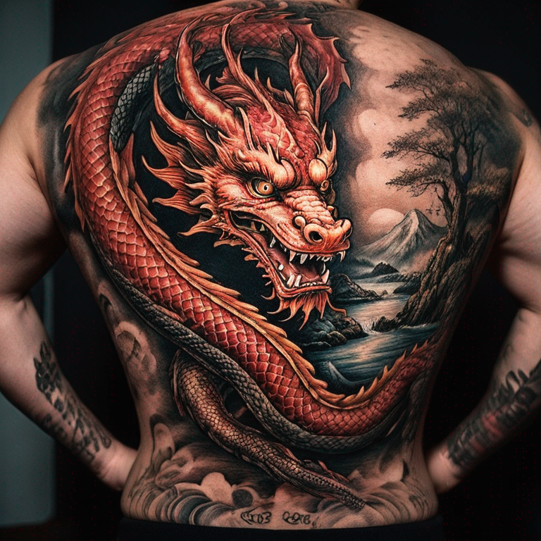 J'aimerais un dragon japonais unique pour femme, je le positionnerai sur mon dos, il doit être beau et montrer qu'il a vécu une histoire-tattoo