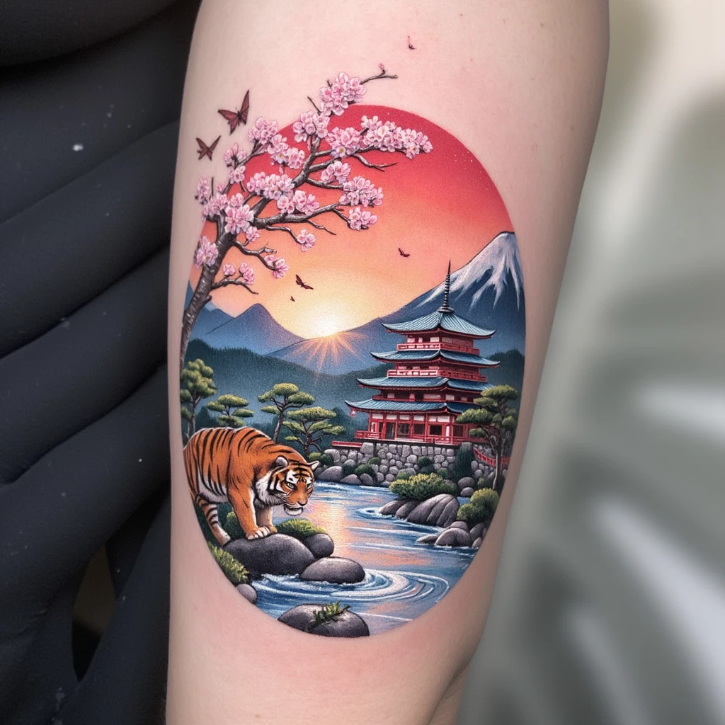 samurai e uma gueixa uma tatuagem bem coloridas e realista com um castelo no fundo com umas sakuras caindo as pétalas uma fênix voando para sol e um tigre no chão ao lado do samurai-tattoo