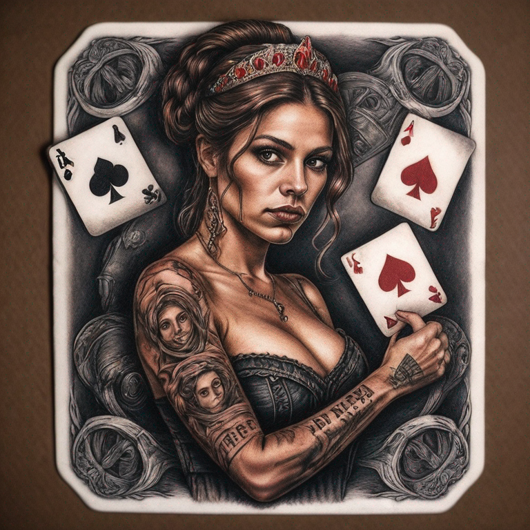 Tres cartas de poker agrupadas en forma de abanico, una con la letra J y un rey, otra con la letra A y una reyna y otra con lera N y una princesa-tattoo