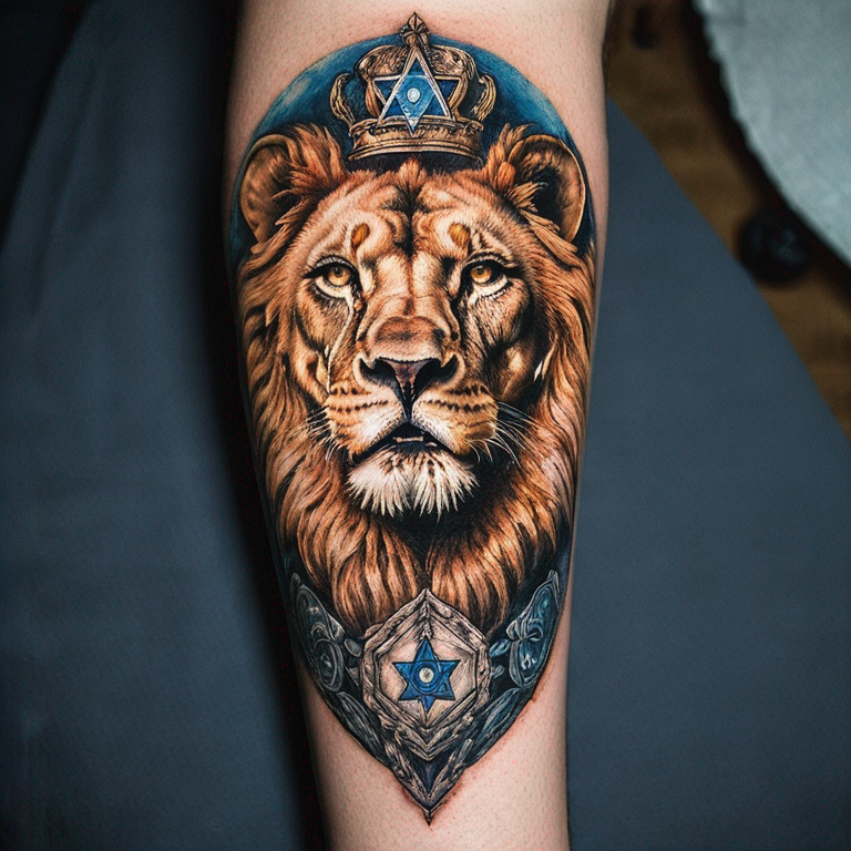 a portrait of a Lion with Israel elements-tattoo