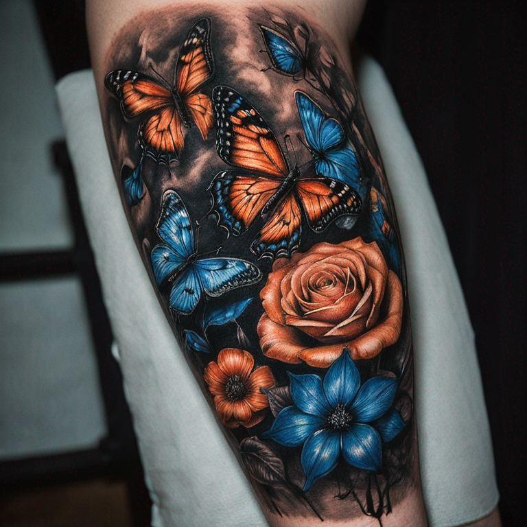 Orange and blue butterflies black and white roses incorperated into a half sleeve for a male-tattoo