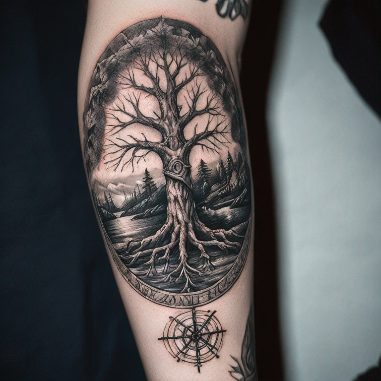 árbol de la vida un drakar un cuervo y vegvisir-tattoo