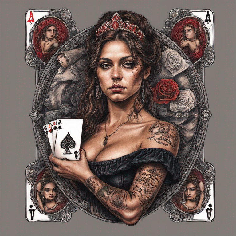 Tres cartas de poker agrupadas en forma de abanico, una con la letra J y un rey, otra con la letra A y una reyna y otra con lera N y una princesa-tattoo