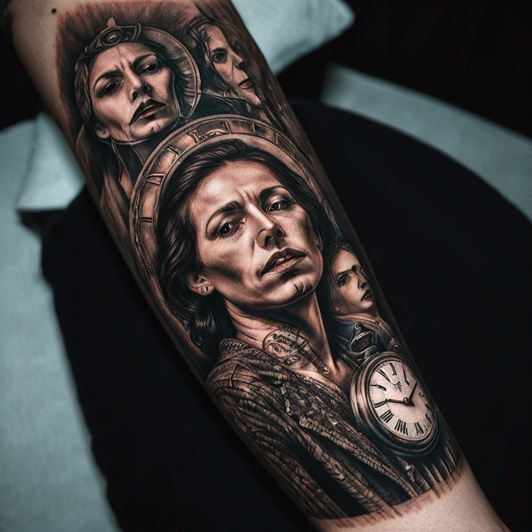 una foto de un retrato de un reloj derritiendose mientras una persona arodillada lo tiene en sus manos-tattoo