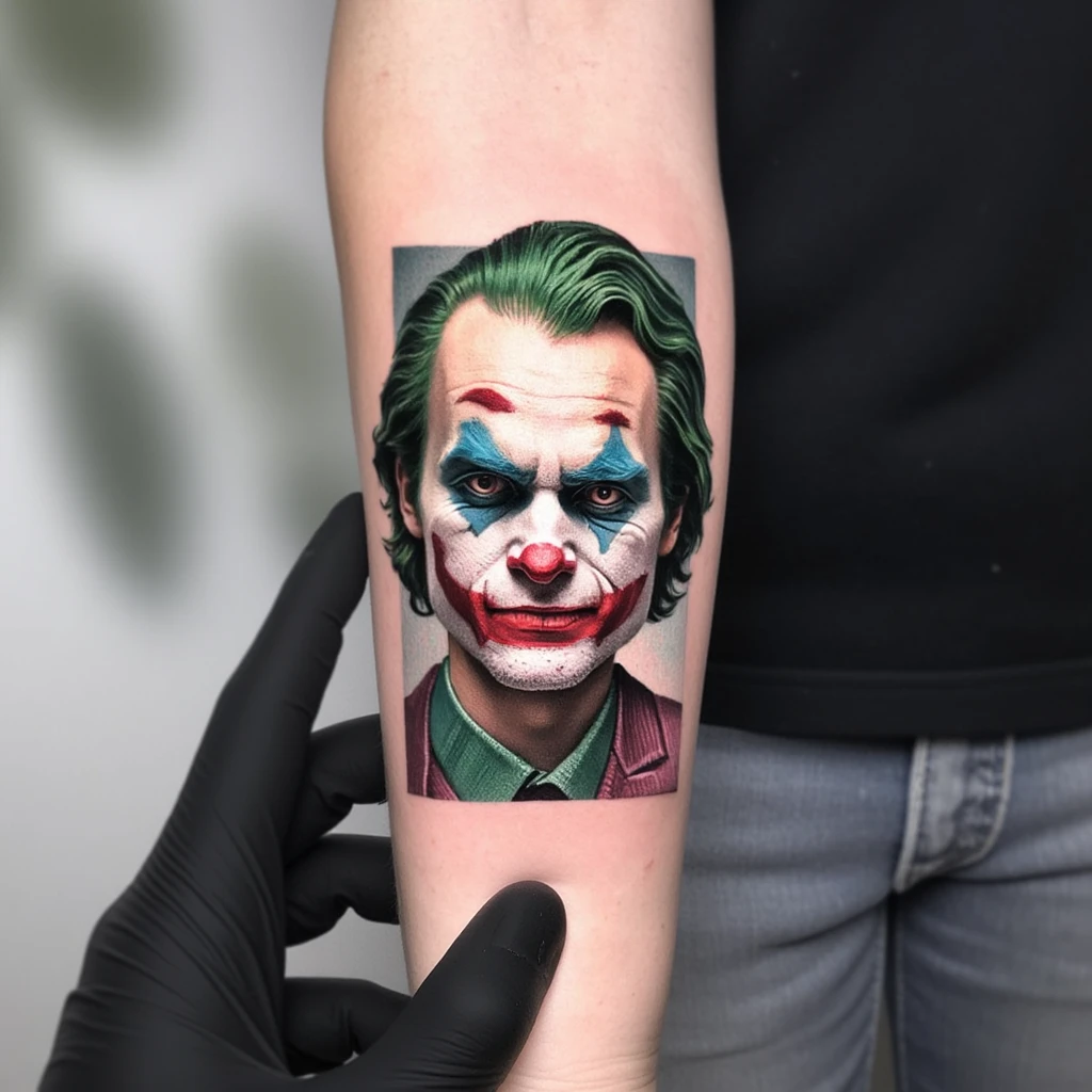 El joker el personaje de ficción, combinado con el joker de las cartas del poker, hecho en línea negra y que tenga elementos propios del joker como la risa hahaha-tattoo