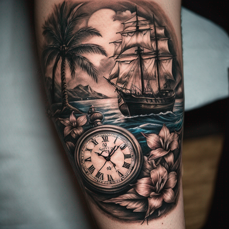 reloj de bolsillo, brújula,barco,avion,palmeras y mapa-tattoo