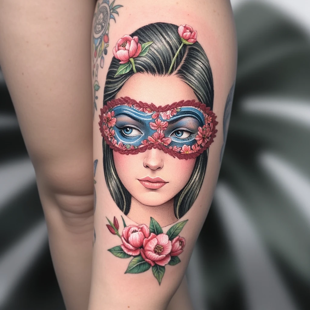 Rosto de uma mulher com uma borboleta com as asas abertas acima dos olhos dela, na cabeça uma coroa tribal e abaixo do rosto flores acompanhando o contorno do queixo-tattoo