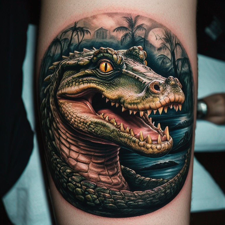 Crie uma imagem de um crocodilo saindo de dentro de um relógio em 3D-tattoo