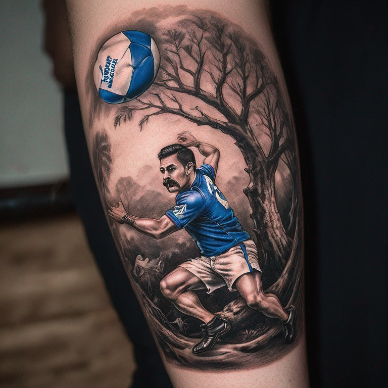 EL salvador en fond avec un ballon de rugby et un oiseau torogoz sur une branche-tattoo