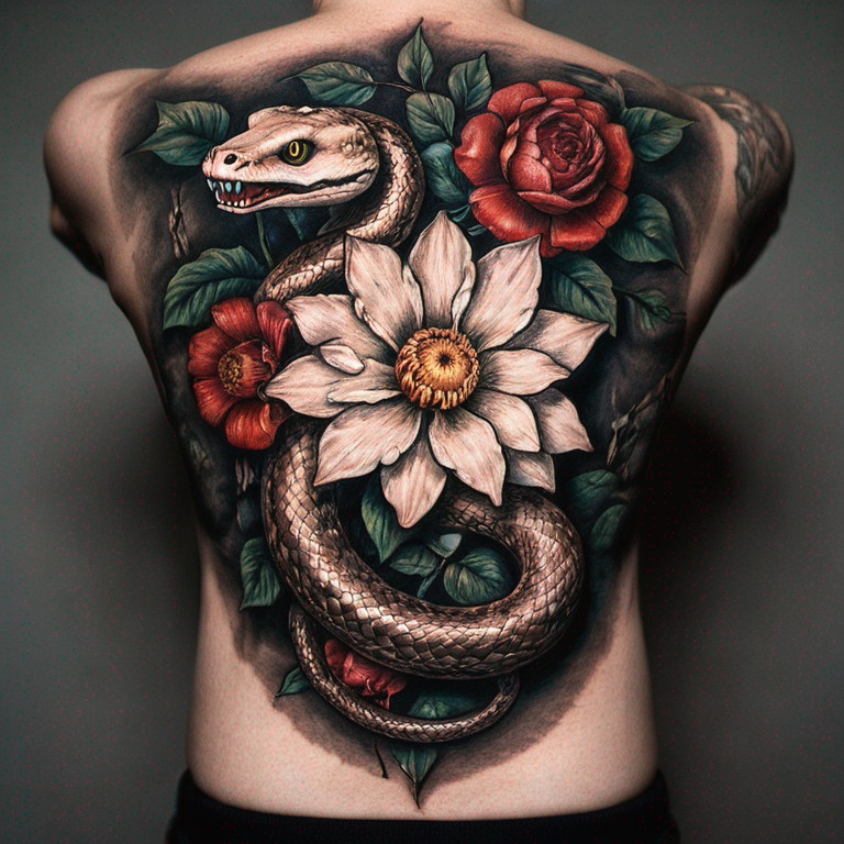 a traditional flower and snake\-tattoo