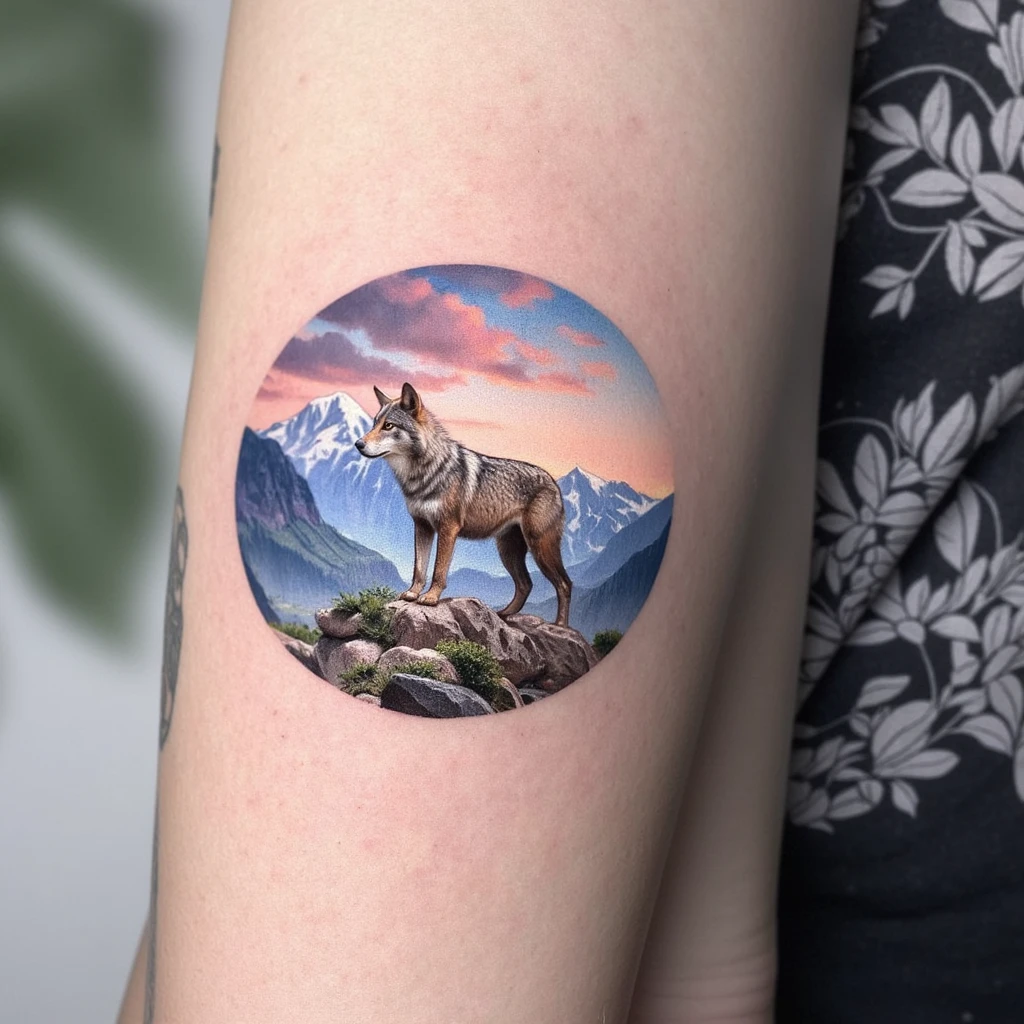 Loup médite avec épée posée au sol dans un paysage enneigée-tattoo