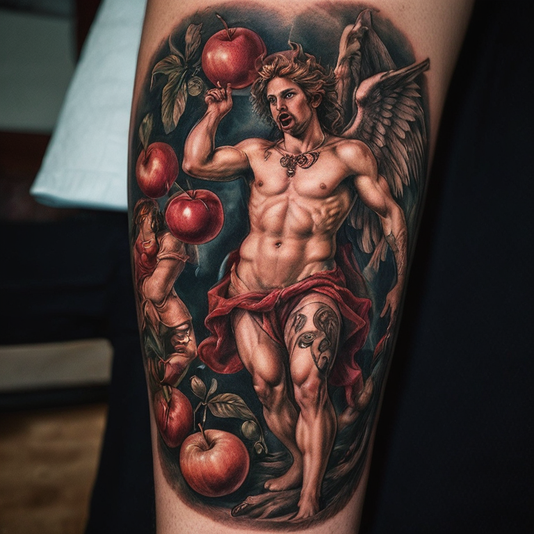 Un ángel en llamas con frutas y peleando con diablos-tattoo