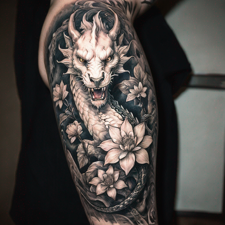 On arm White dragon with flowers-tattoo