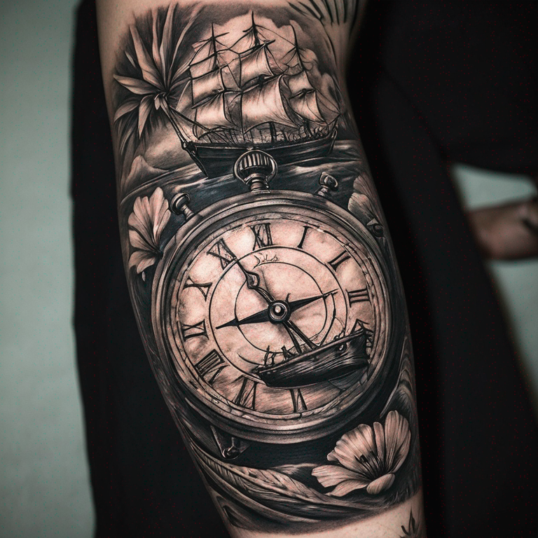 reloj de bolsillo, brújula,barco,avion,palmeras y mapa-tattoo