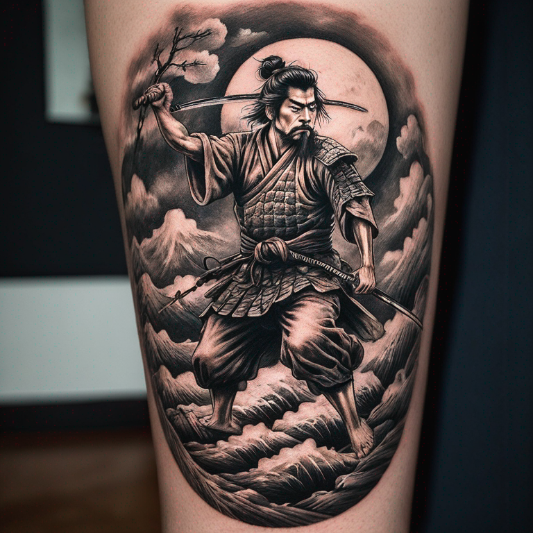 fondo puerta al cielo horiental con samurai al principio y gente en el camino con ambiente horiental-tattoo