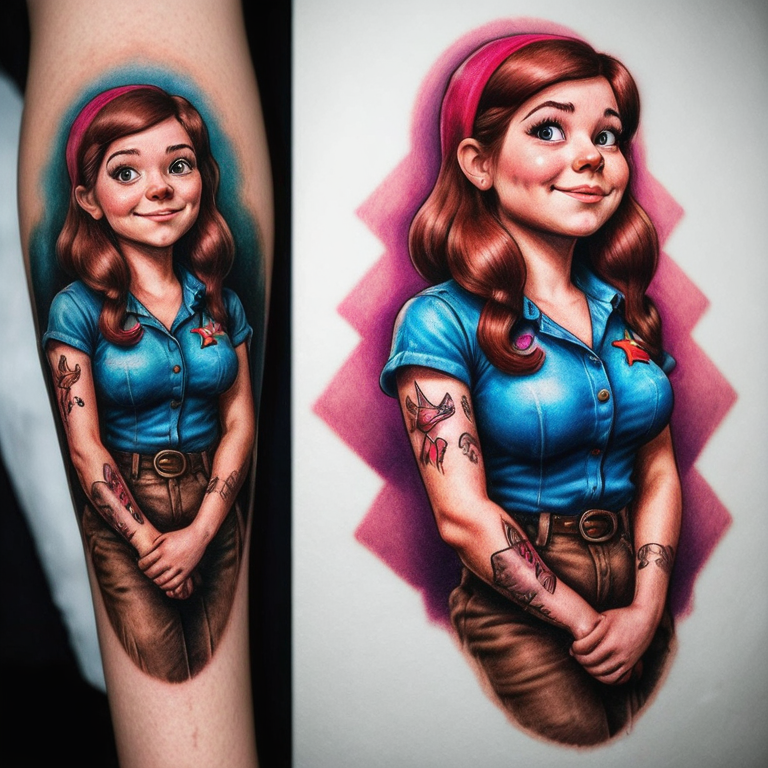 Mabel Pines de gravity falls en caricatura no realista-tattoo