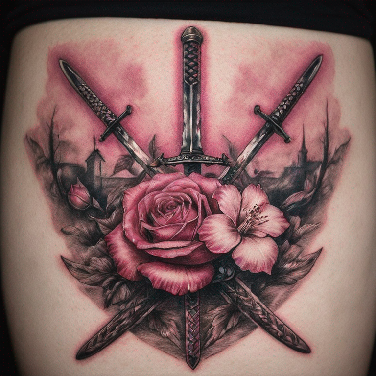 tatouage avant-bras, katana et fleur de laurier-rose autour-tattoo