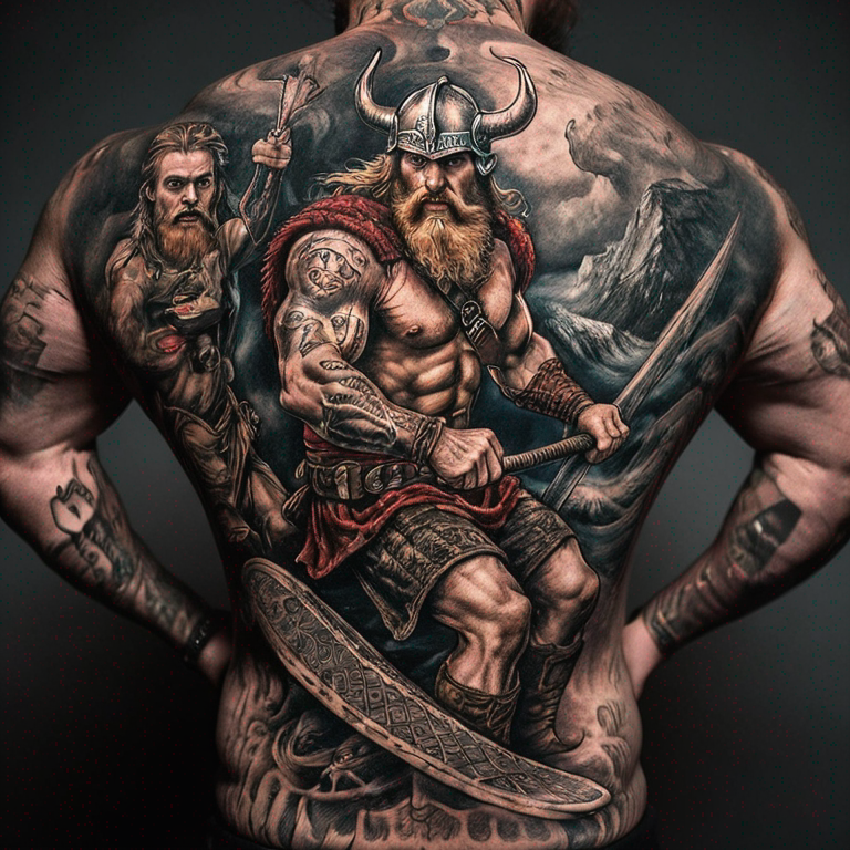 Un Viking utilisant un drakkar en guise de snowboard-tattoo