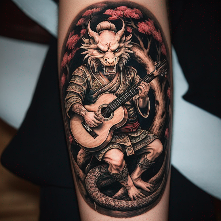 Samurai en mandalas en un bosque de árboles de cerezos neotradicional buscando la iluminación en modo zen con un dragón elevándose a una guitarra acústica-tattoo