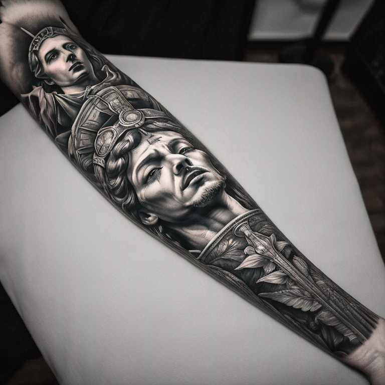 diseño brazo dderecho imperio romano en blanco y negro-tattoo