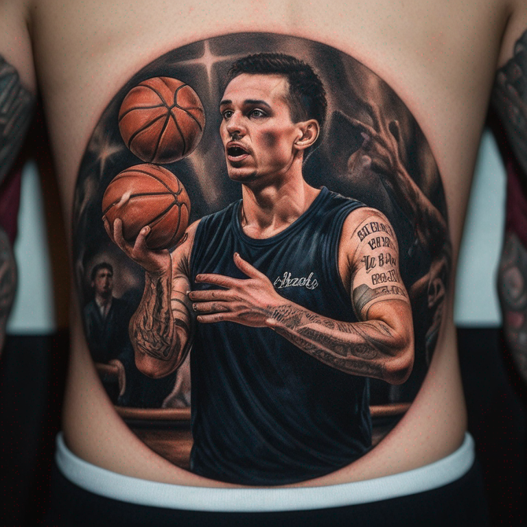 Una palla da basket con all’interno i numeri 8, 22 e 24 e la scritta ball don’t lie.-tattoo