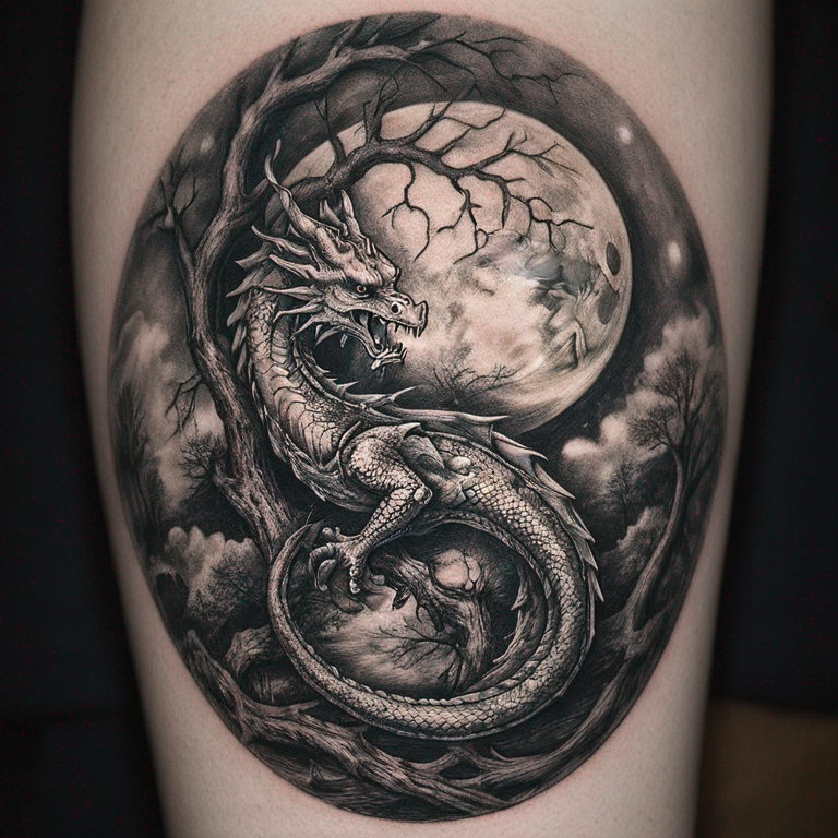 tatouage d'un dragon entourée d'une lune et d'un arbre-tattoo