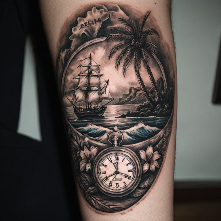 reloj de bolsillo, brújula,barco,avion,palmeras y mapa-tattoo