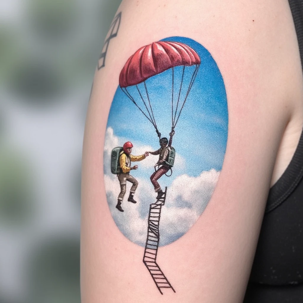 il fera 10cm sur 10cm. IL représente un parachute et un escalier. Le prachute est en haut de l'escalier.-tattoo