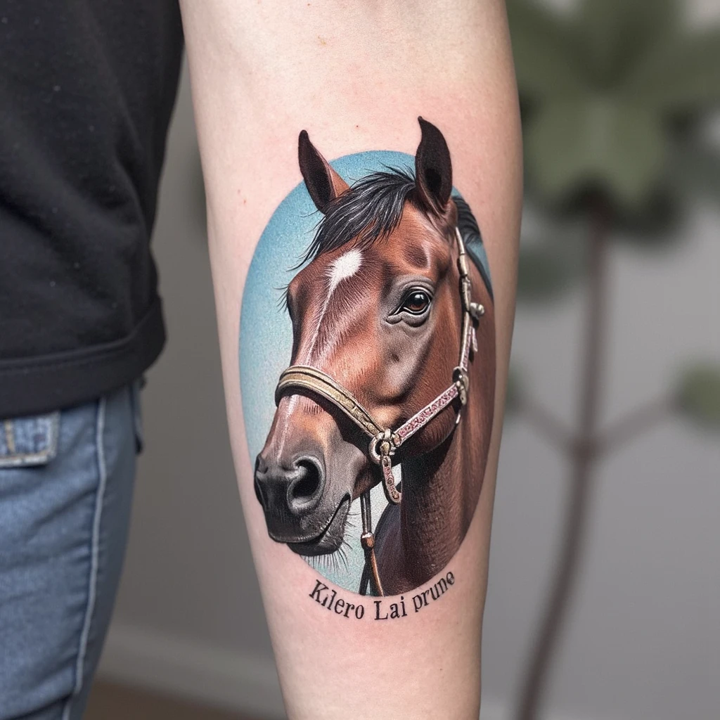 Tête de cheval avec une banderole de 3 niveau avec une croix entouré dedans et sur la banderole des dates Romaine-tattoo