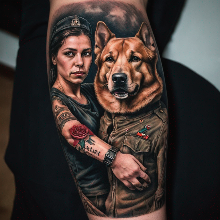 Soldatentattoo mit bezug zu Tochter (Mila) und Hund (Azadi) mit Rosenkranz am Unterarm-tattoo