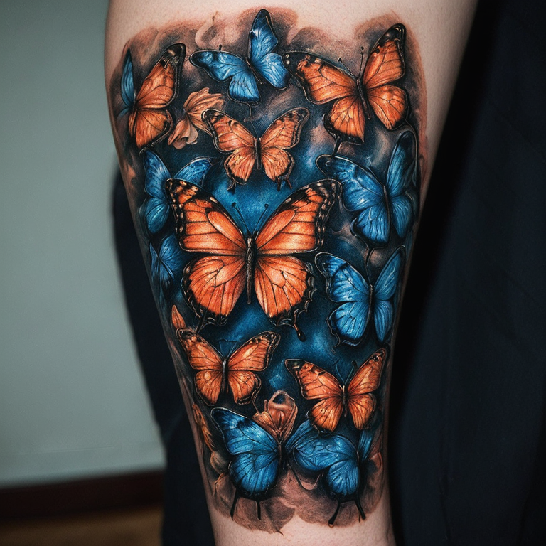 Orange and blue butterflies incorperated into a half sleeve for a male-tattoo