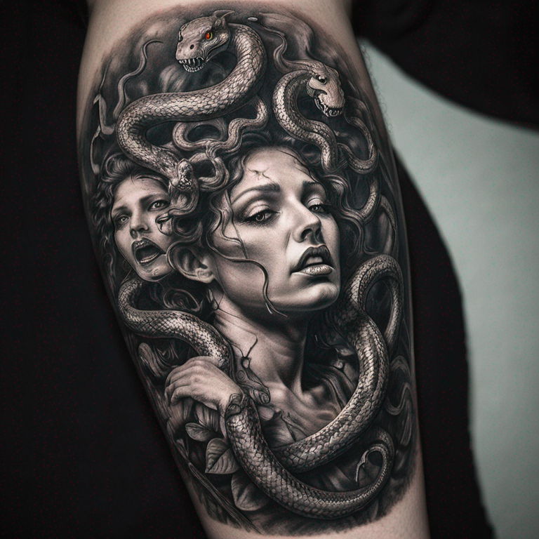 medusa with snakes trying to catch a butterlfy in black and grey-tattoo