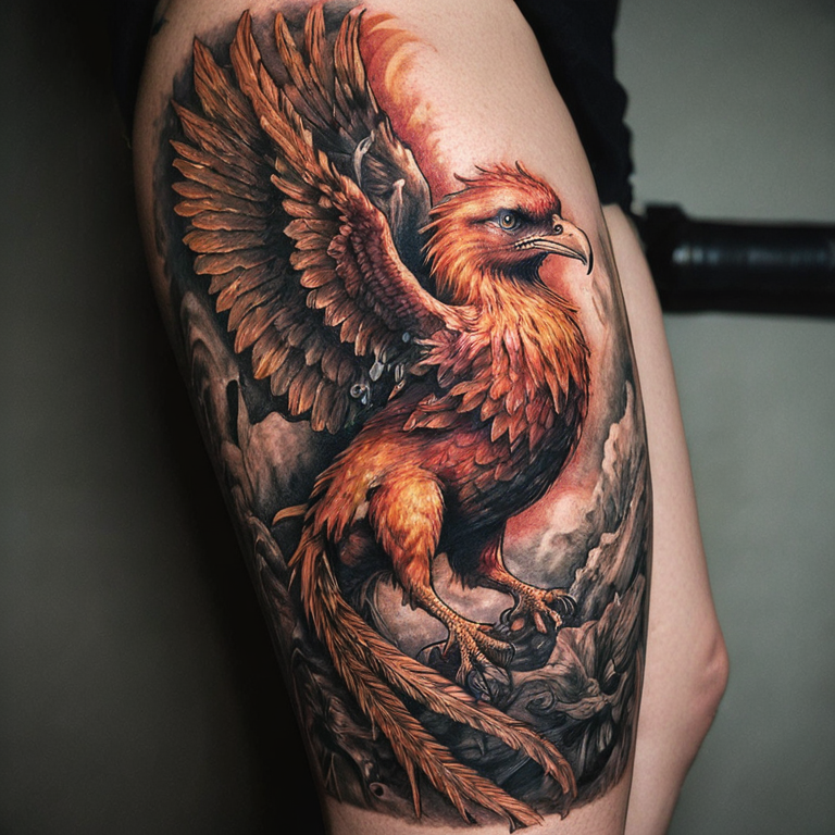 phoenix on thigh-tattoo