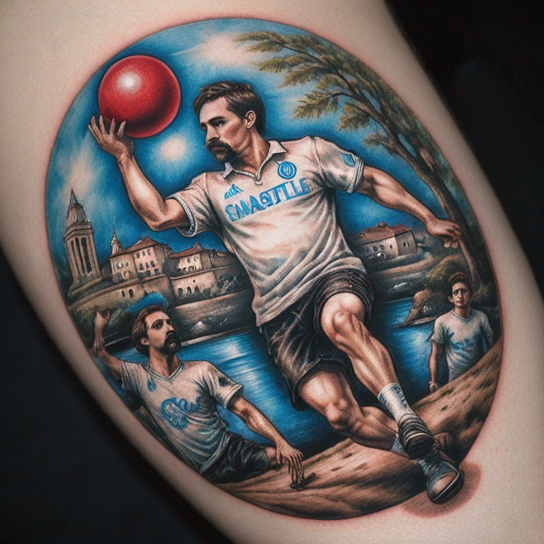 un tatouage qui combine l'olympique de Marseille et le jeux provençale ( pétanque )-tattoo