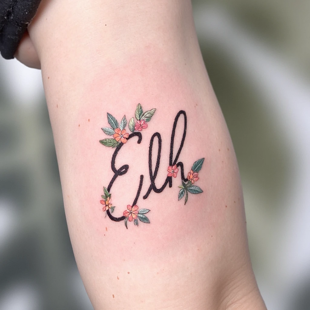 .quiero un diseño de tatu, iniciales E L H, en cursiva y con flores, pero que tapen bastante las iniciales-tattoo