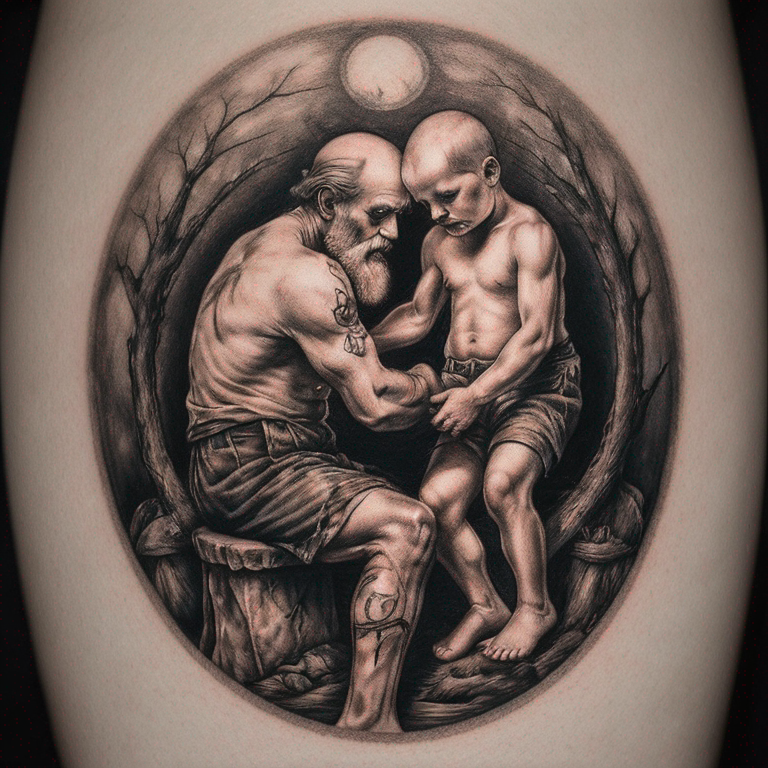 Un pere qui abandonne son fils et son fils part vers dieu le pere (chretien)-tattoo