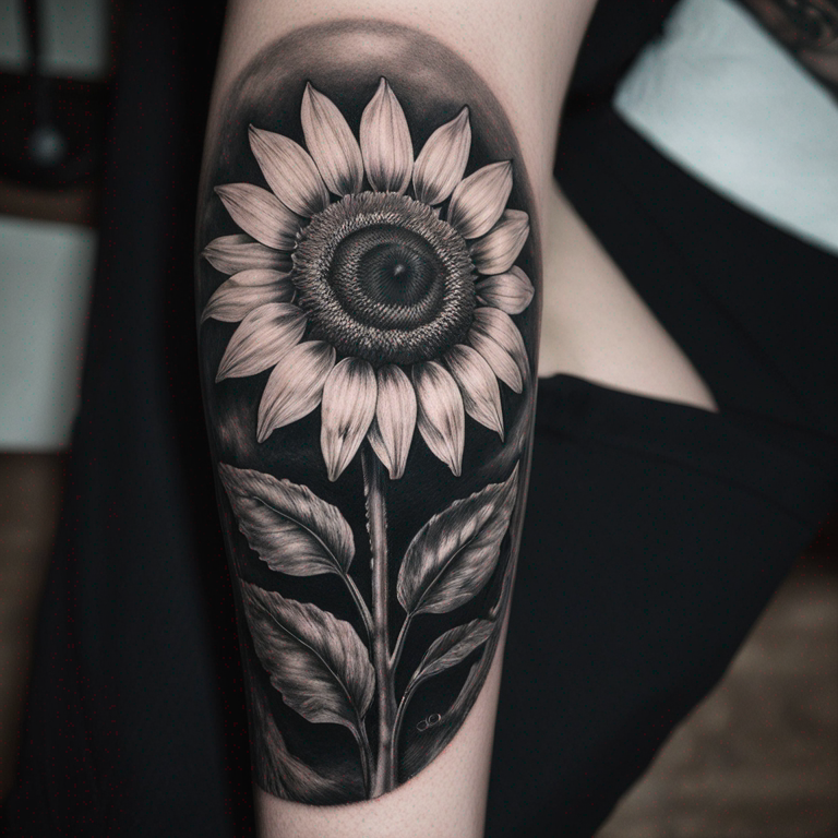 tournesol sur la colone vertébtale, traits fins, noir et blanc, réaliste-tattoo