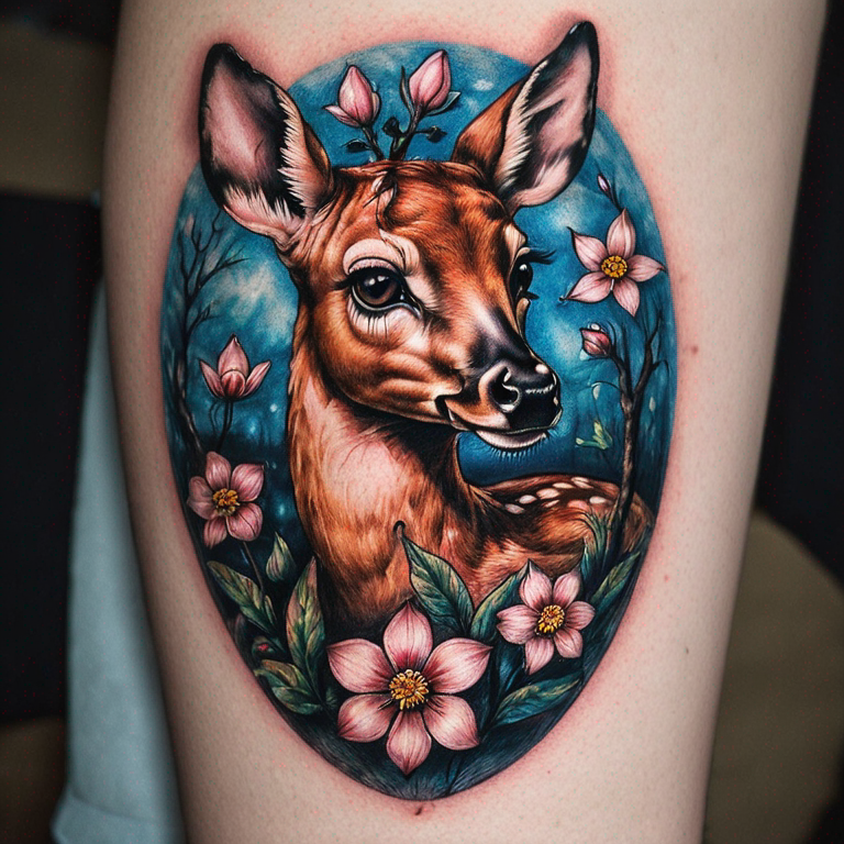 Bambi avec fleurs-tattoo