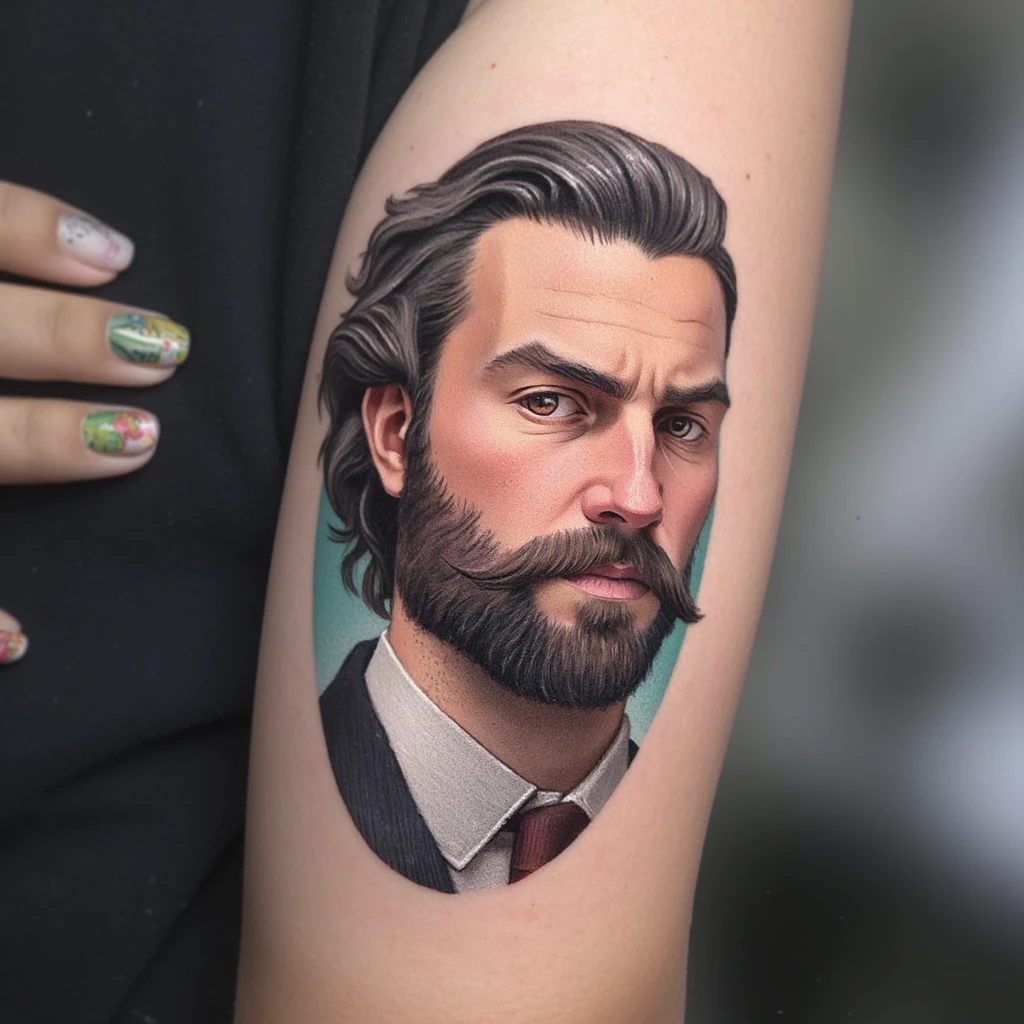 Tatuagem masculina perfil do homem açougueiro gosta de animes e jogos-tattoo