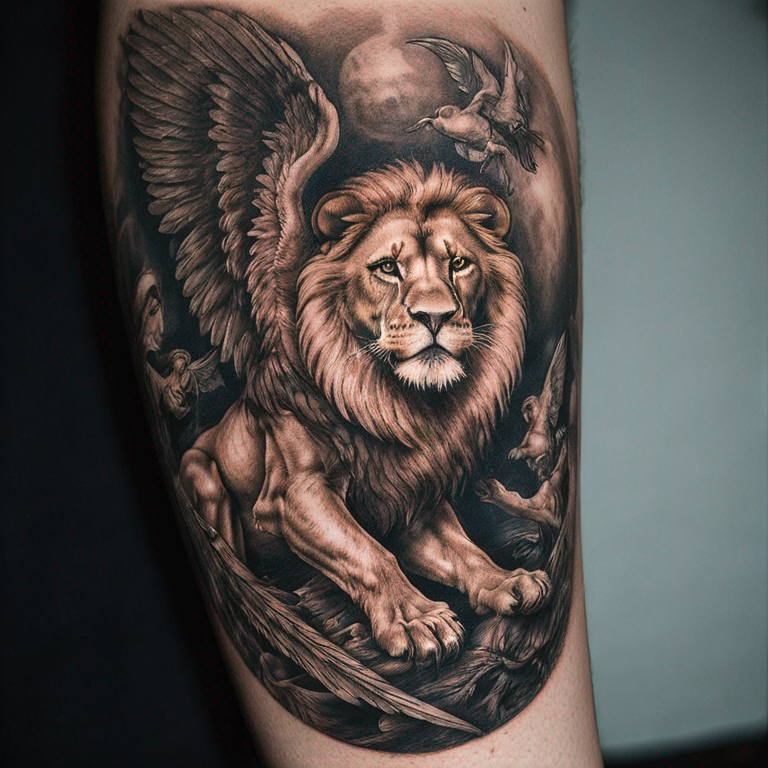 Ange guerrier avec Lion dans ses ailes-tattoo