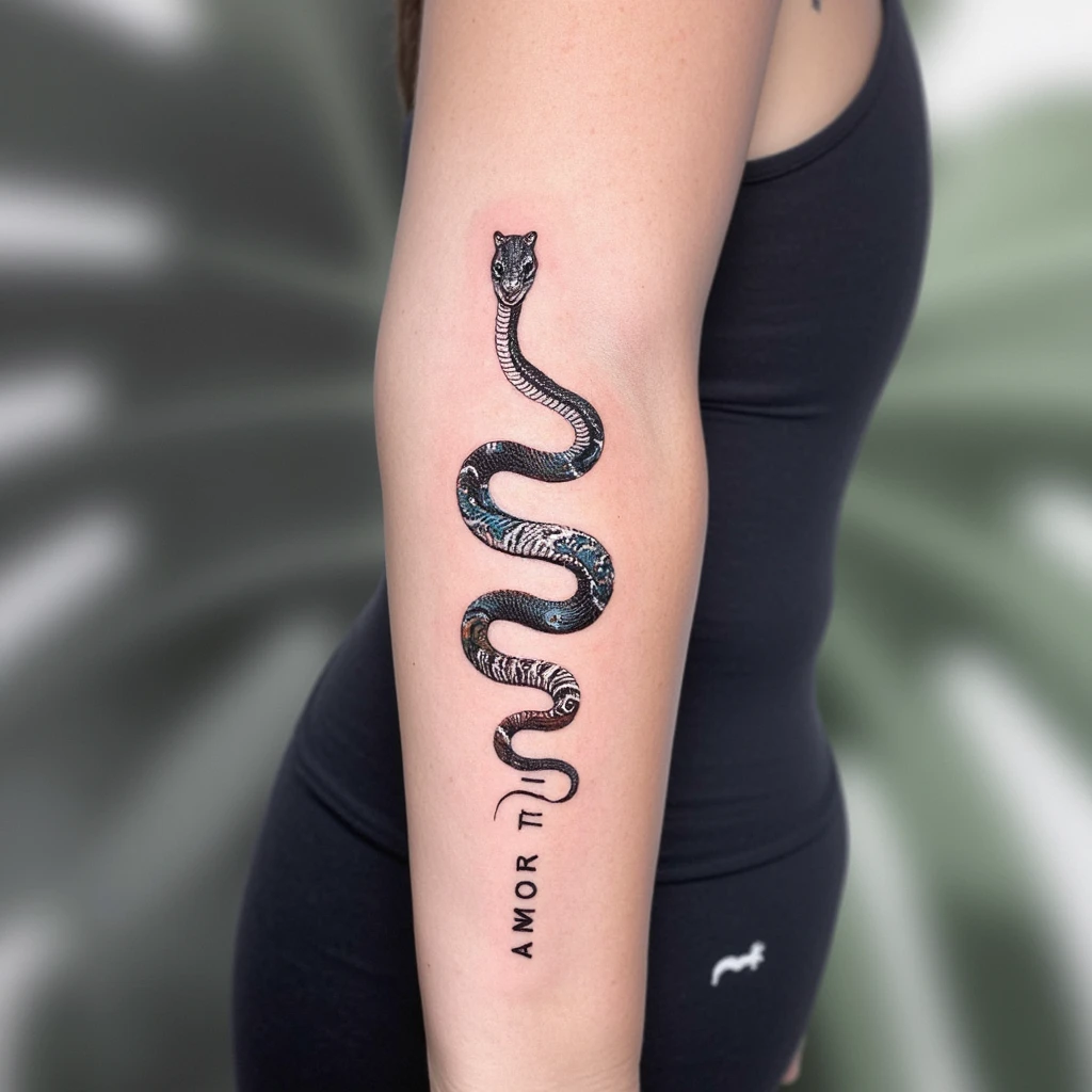 serpent fin sur la colonne vertebrale avec ecris amor fati en dessous du serpent-tattoo