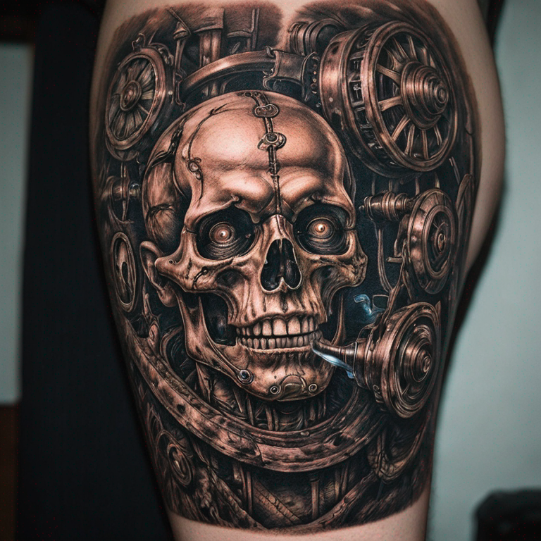 steampunk biomechanical shouler-tattoo