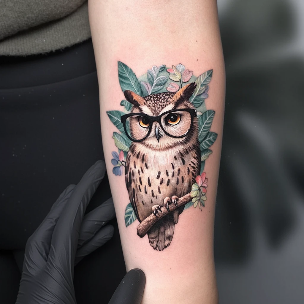 old school style owl tattoo femenine with black glasses for the complete forearm-tattoo